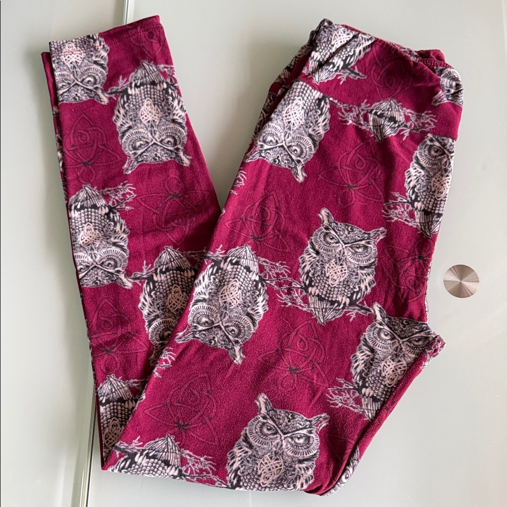LuLaRoe os Burgundy and Gray Owl Leggings